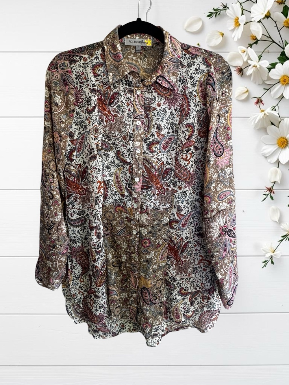 Paisley shirt Womens small button down Pink & Brown Figueroa & flower